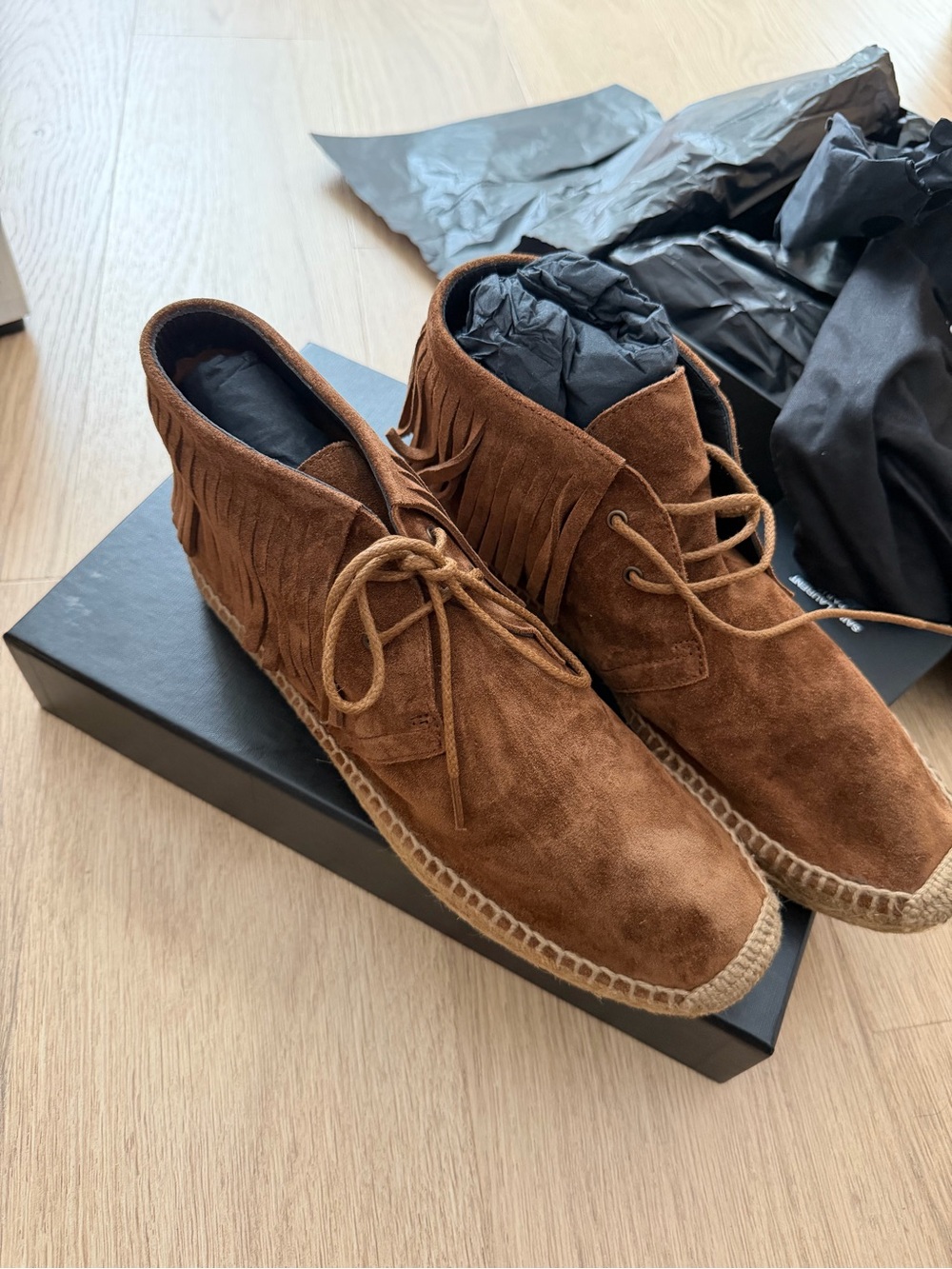 Saint Laurent Brown Suede Espadrille Fringe Lace-Up Shoes